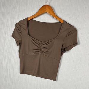 Y2K Babydoll Scoop Crop Brown Ruched Womens XS Tee Coquette Festival